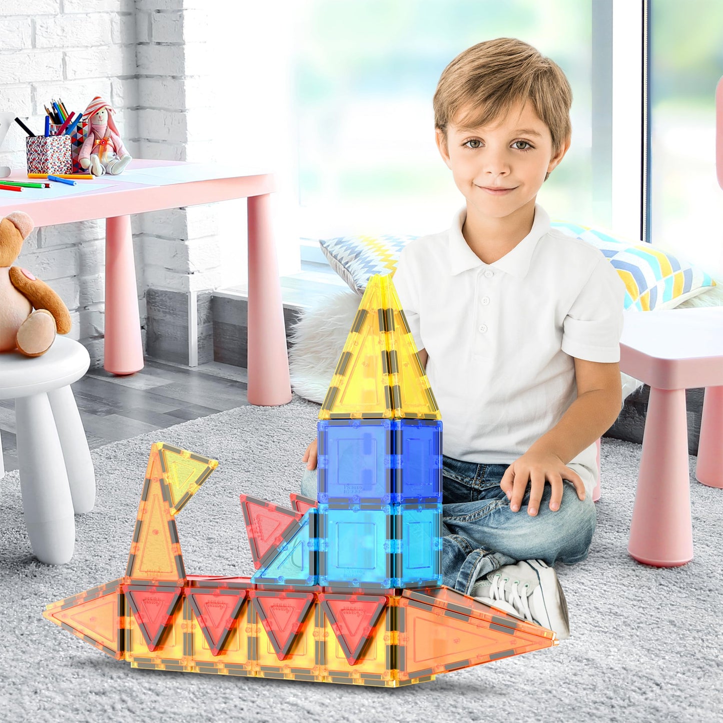 PicassoTiles 60 Piece Set 60pcs Magnet Building Tiles Clear Magnetic 3D Blocks Construction Playboards - Creativity Beyond Imagination, Inspirational, Recreational, Educational, Conventional