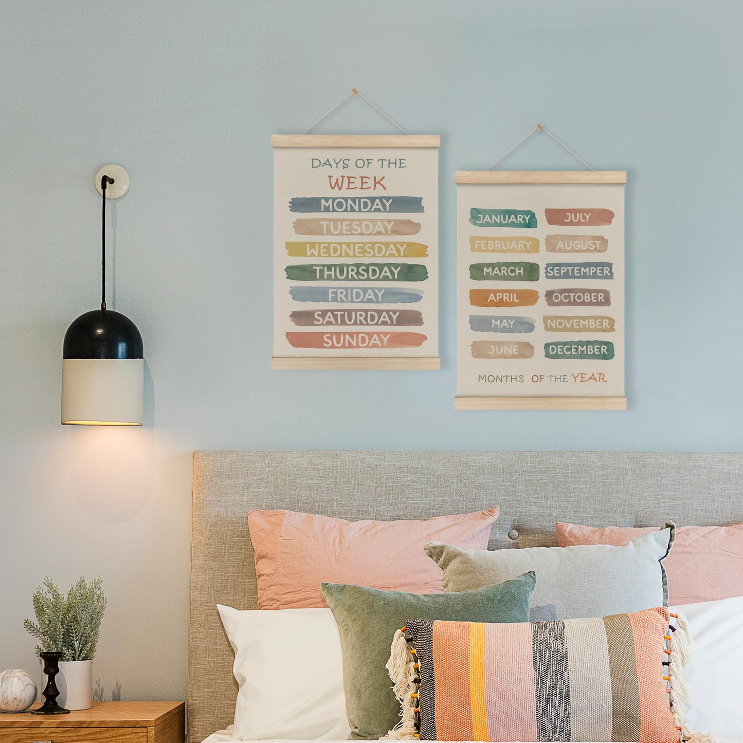 HRQKO Boho Week Month Decor Poster Hanger Frame Set of 2, Educational Posters,Preschool Wall Art with Wooden Frames, Boho Classroom Wall Hanging Banner Decor for Toddlers Room Playroom, 12x16 Inch