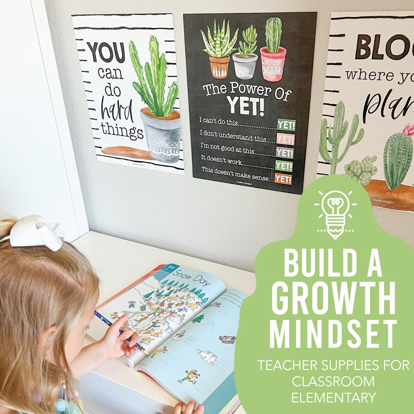 Hadley Designs Motivational Poster for Classroom Decor - 9 Growth Mindset Classroom Posters Elementary, Inspirational Wall Decor Middle School, Teacher Must Haves, Cactus Bulletin Board Decorations