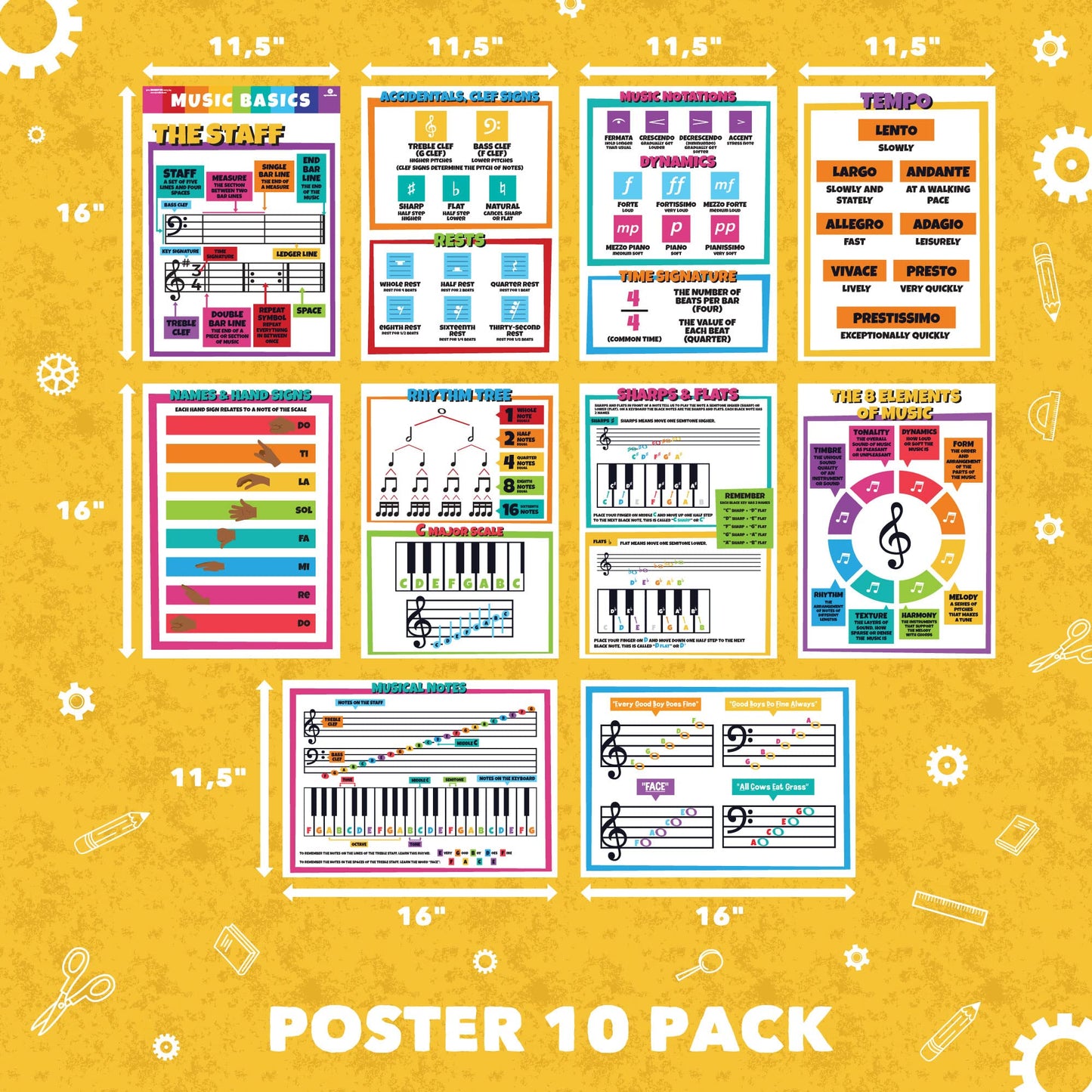 Sproutbrite 10 Pack 11.5"x16" Pack Music Posters for Classroom – Music Classroom Decor for Elementary, Middle and High School - Builds Understanding of Musical Fundamentals