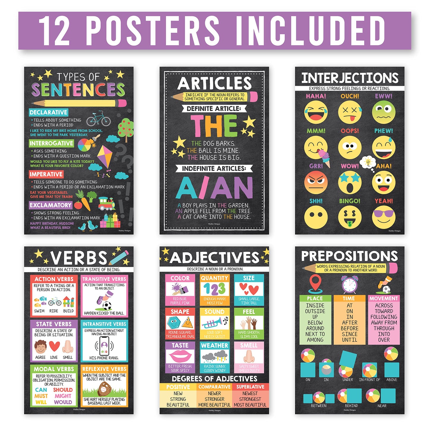 Parts of Speech Posters for Classroom Must Haves -12 Grammar Posters, Writing Process for Homeschool, Elementary & Middle School, ELA 3rd 4th & 5th Grade Teacher Must Haves, Chalkboard Classroom Decor