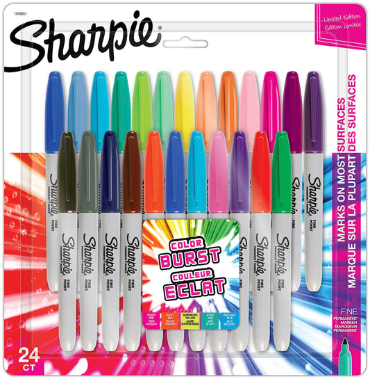 Sharpie Color Burst Permanent Markers, Fine Point, Assorted, 24 Pack (1949557)
