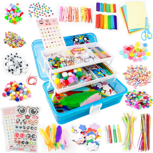 SMILESSKIDDO Arts Craft Supplies for Kids - 1000+ PCS Toddler DIY Craft Art Supply Set, Portable 3 Layered Folding Storage Box School Craft Projects - Gifts for Girls Ages 4-8, 8-12, Blue
