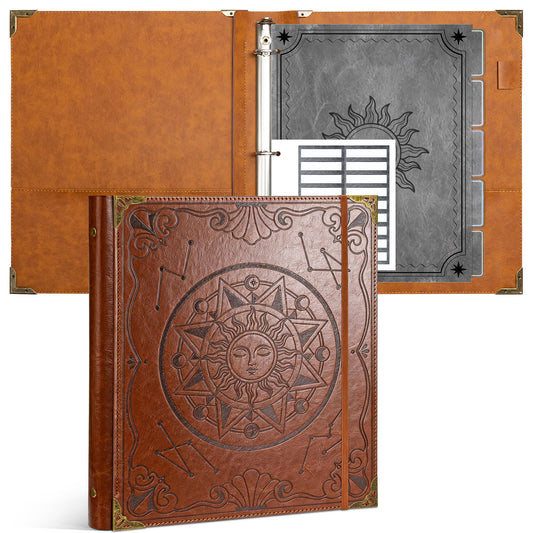 Ospelelf 3 Ring Binder 1 Inch Leather Vintage Hardcover Binder Dividers with Tabs for Letter Size 8.5"x11" Paper, Binder with Pockets for Photo Album, Document Organizer and Family History, Brown Sun