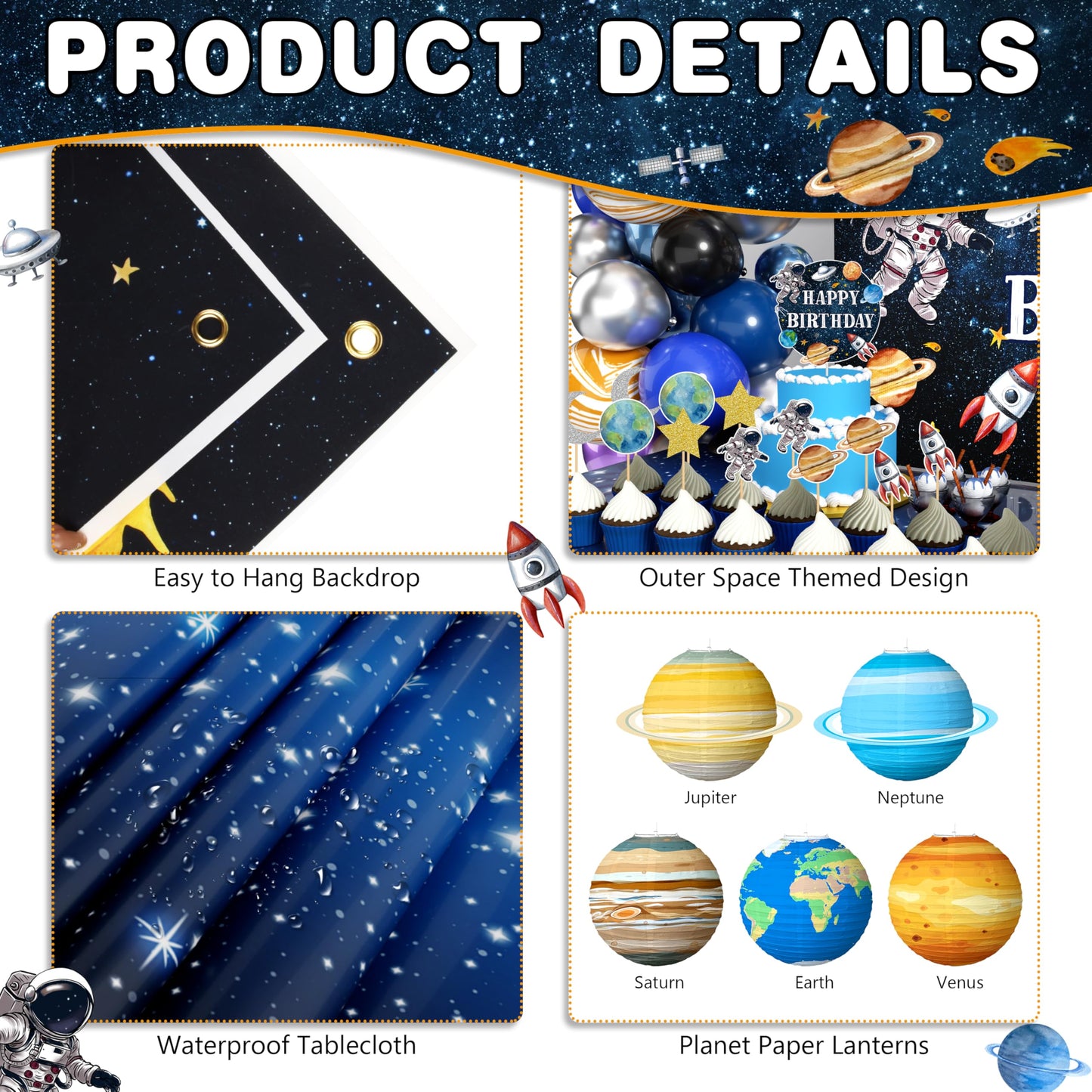Outer Space Birthday Party Decorations Space Themed Party Supplies Planet Banner Backdrop Cake Topper Solar System Paper Lantern Galaxy Tablecloth Balloon Garland Kit for Space Astronaut Party Decor