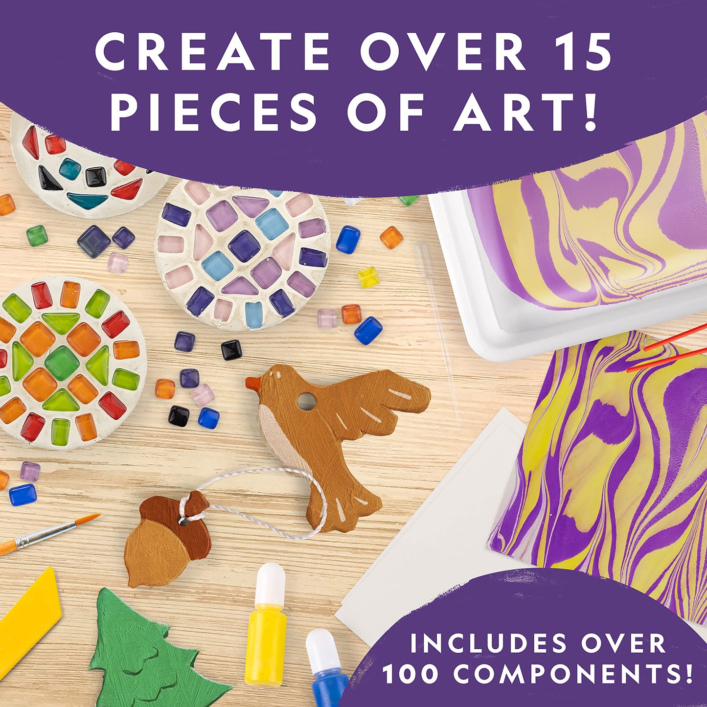 NATIONAL GEOGRAPHIC Mega Arts and Crafts Kit for Kids – Mosaic Kit, Marbling Paint Kit & Air Dry Clay Pottery Kit – Art Projects for Kids Ages 8-12, Crafts for Girls and Boys (Amazon Exclusive)