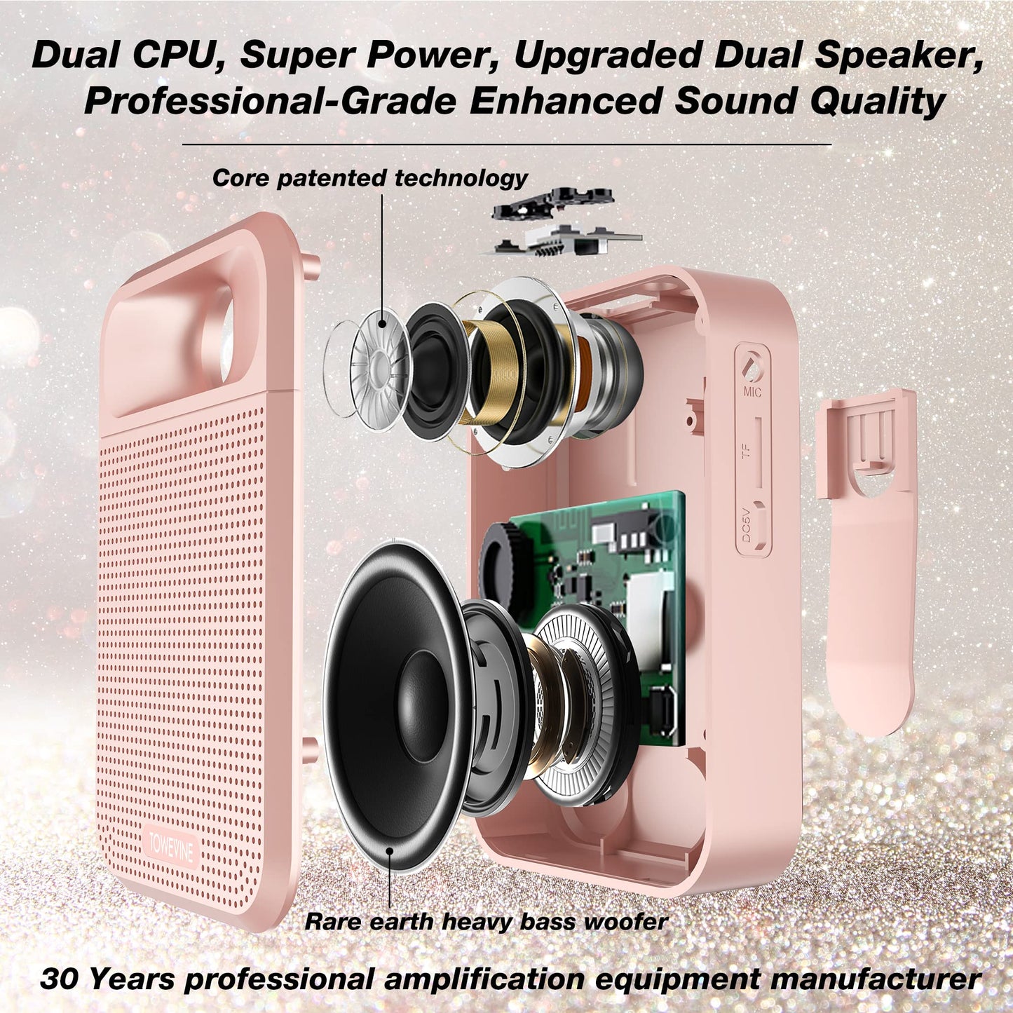 Voice Amplifier, Towevine Rechargeable Microphone for Teachers, Portable Speaker with Headset and Waistband for Classroom, Singing, Coach, Training, Presentation, Tour Guide (Pink)