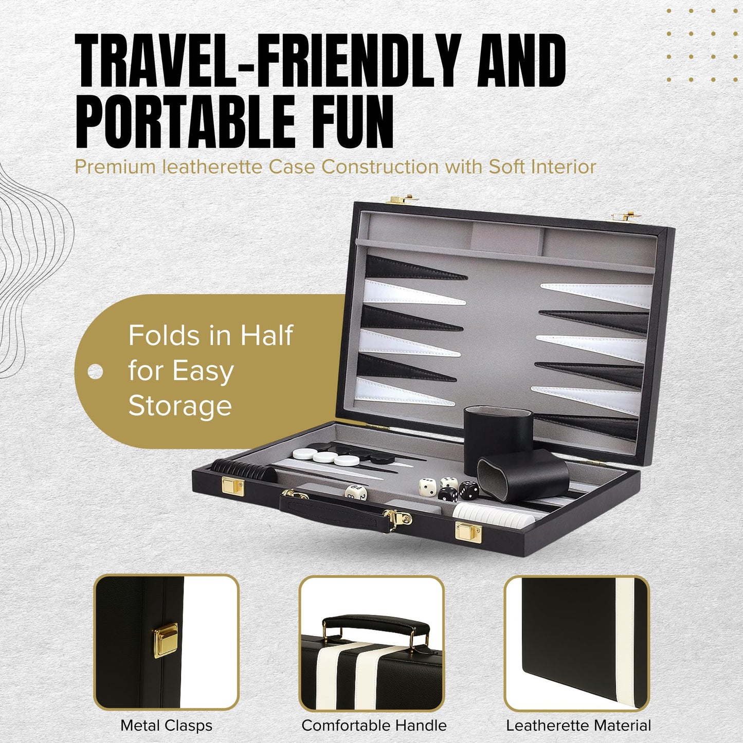 Crazy Games Premium 18 Inches Large Black - Backgammon Sets for Adults and Kids - Leatherette Back Gammon Board Game Set - Travel Backgammon Set Board Encased with Accessories