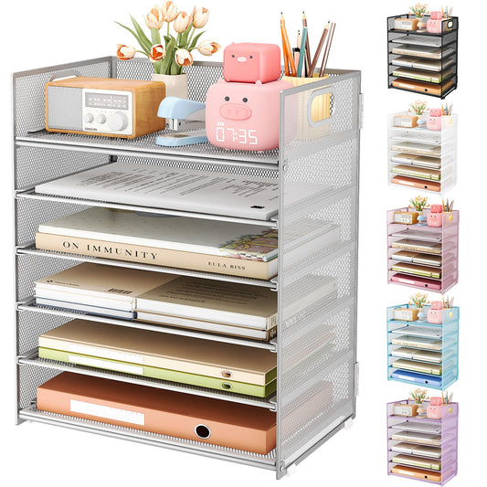 Subekyu 6 Tier Paper Organizer for Desk with Handle, Metal Mesh Desk Office File Folder Paper Letter Tray Accessories Organizer Sorter for Home, School, Office Desktop Document Organization - Silver