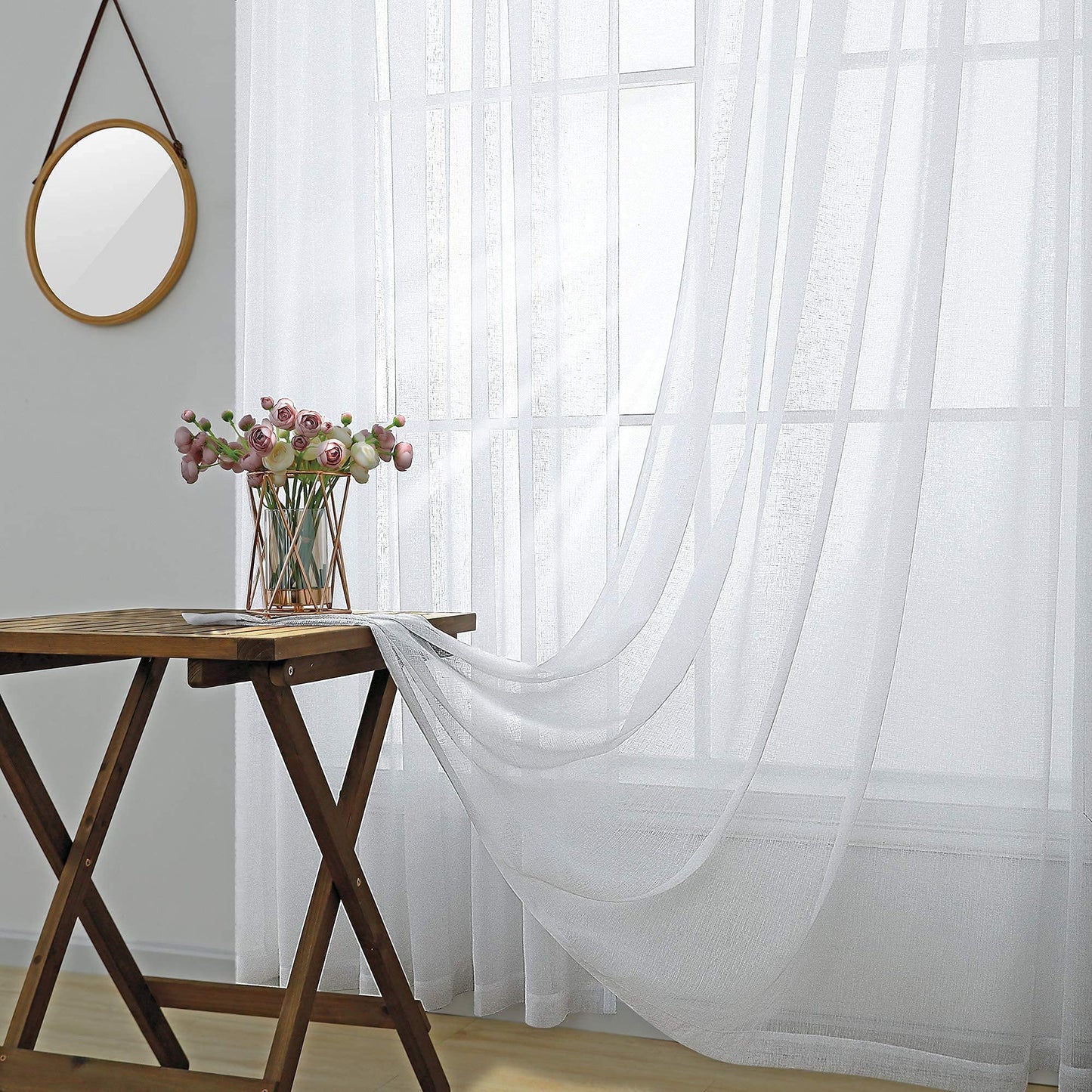 KOUFALL White Semi Sheer Curtains 63 Inch Length for Bedroom Pair Set 2 Panels Rod Pocket Translucent Light Filtering Faux Linen Textured Solid Privacy Curtains Sheer for Closet Wide 52x63 in Long