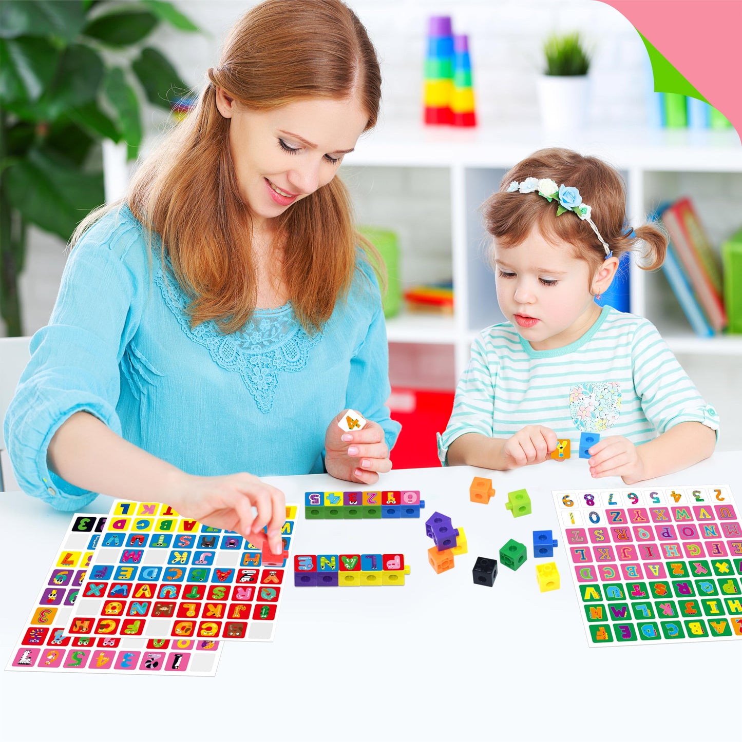 100 Math Linking Cubes, Math Cubes with 384 Reusable Stickers-Letters, Numbers, Shapes, Manipulative Geometric Connecting and Counting Blocks, Educational Toy for Kids Math Learning and Fun Activities