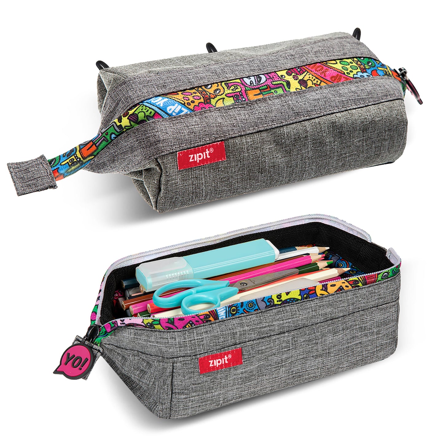 ZIPIT: Lenny Pencil Case - Grey & Doodles - Large Storage Capacity Zipper Pouch, Makeup-Stationery Bag, School, Washable Polyester, Kids-Teens-Adults