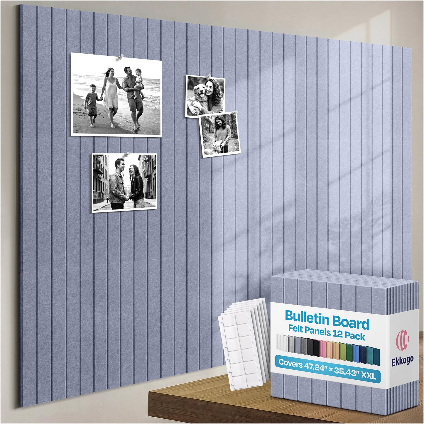 Ekkogo X-Large Cork Board Alternative 12-Pack Felt Bulletin Board Thick and Decorative Pin Board for Home Office Walls 47.24 x 35.43 Inches with 72 Adhesive Tabs - [Dusky Gray]