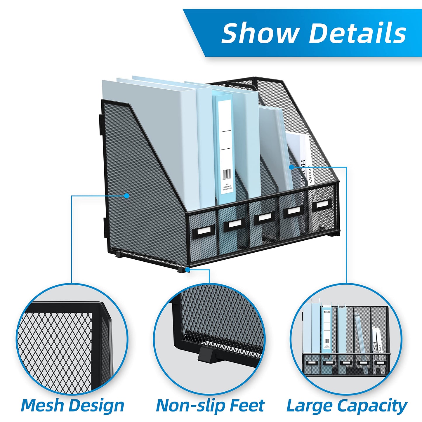 SUPEASY Desk Organizers Metal Desk Magazine File Holder with 5 Vertical Compartments Rack File Organizer for Office Desktop, Classroom, Home Workspace, Black