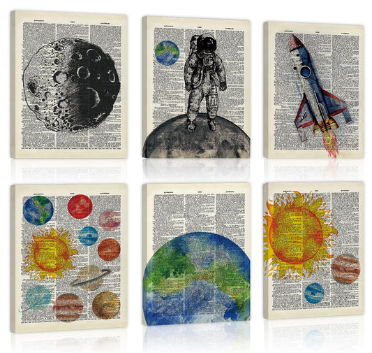 CHDITB Vintage Space Canvas Wall Art, Antique Dictionary Astronaut Decor, Retro Solar System Framed Poster, Celestial Planets Artwork, Outer Space Room Prints For Kids Bedroom Nursery Decor 8”X10”X6