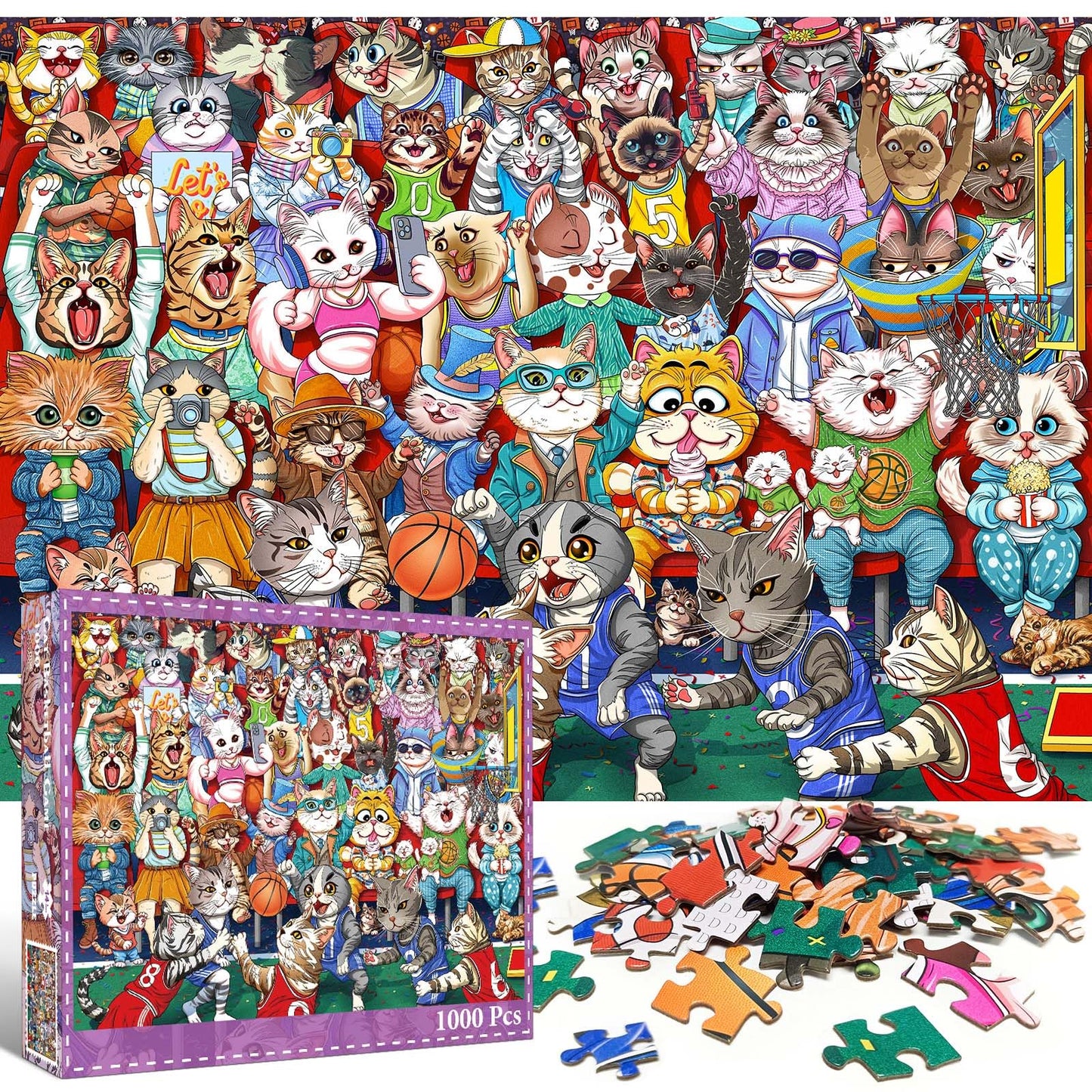Puzzles for Adults 1000 Pieces, Cat Basketball Fun Jigsaw Puzzles Challenging Game, Puzzles Interlock Perfectly No Dust, for House Decoration, Party Toy for Parents