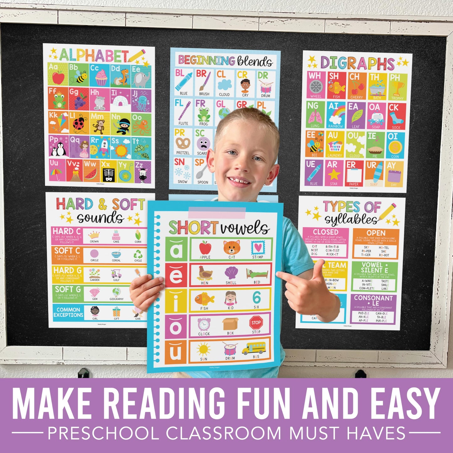 Hadley Designs Phonics Posters for Classroom Must Haves - 9 Sound Wall for Kindergarten & Elementary Teacher Supplies, Syllable, Vowels, Digraphs & Blends Bulletin Board Set, Rainbow Classrom Decor