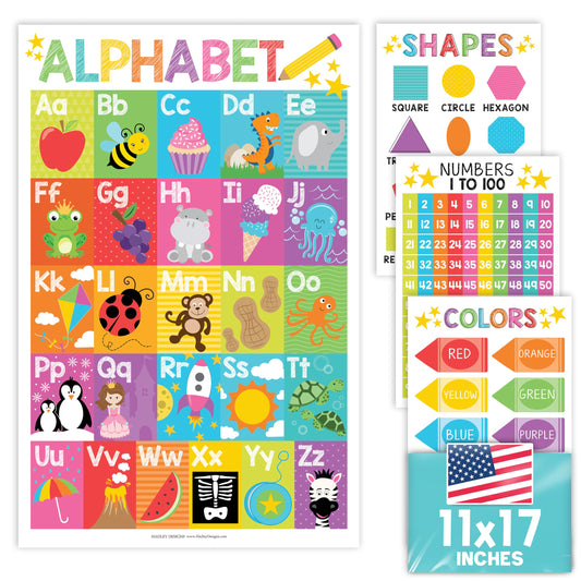 Hadley Designs Educational ABC Posters for Classroom Wall Decor - Preschool Learning Posters for Toddlers 1-3, Shapes Color 1-100 Number Chart & Alphabet Poster, Daycare Playroom Homeschool Essentials