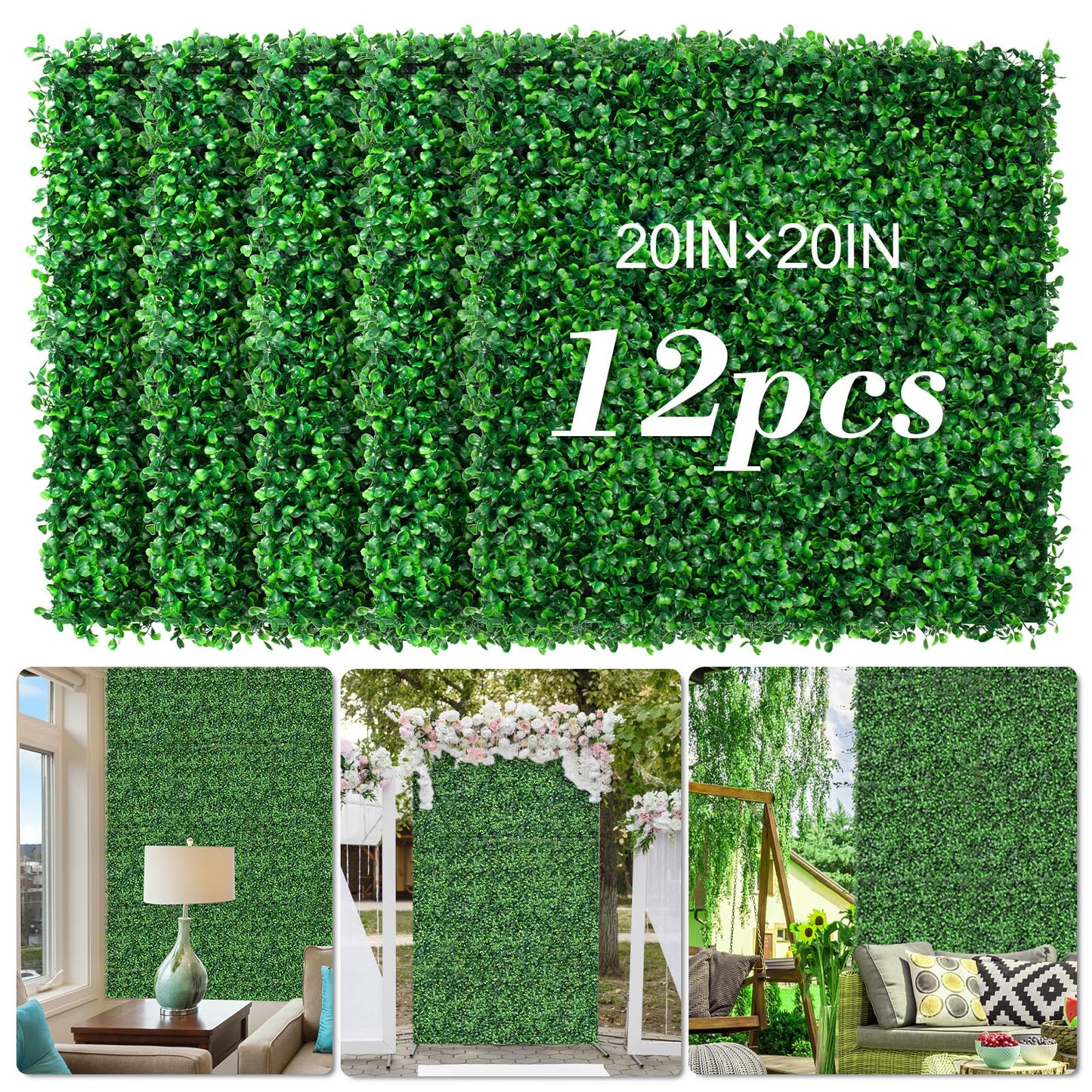 AOKIE 20"X20" Artificial Grass Wall, 12Pcs Boxwood Hedge Wall Panels UV-Anti Grass Backdrop Wall Decor, Greenery Privacy Hedge Screen for Indoor Outdoor Patio Balcony, Party Garden Fence Decor