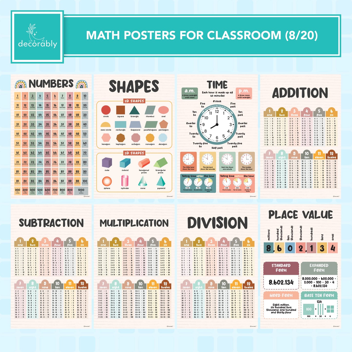 Decorably 20 Boho Educational Math Posters, 11x17in Educational, Matte-Laminated Decor - for Classroom, Hallways, Bulletin Boards, Home Study Room
