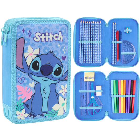Disney Stitch Pencil Case for Girls Kids Tweens Colored Pencils Markers Pen Eraser Ruler Frozen School Supplies Stationary Gifts for Girls (Blue Stitch 2 Compartment)