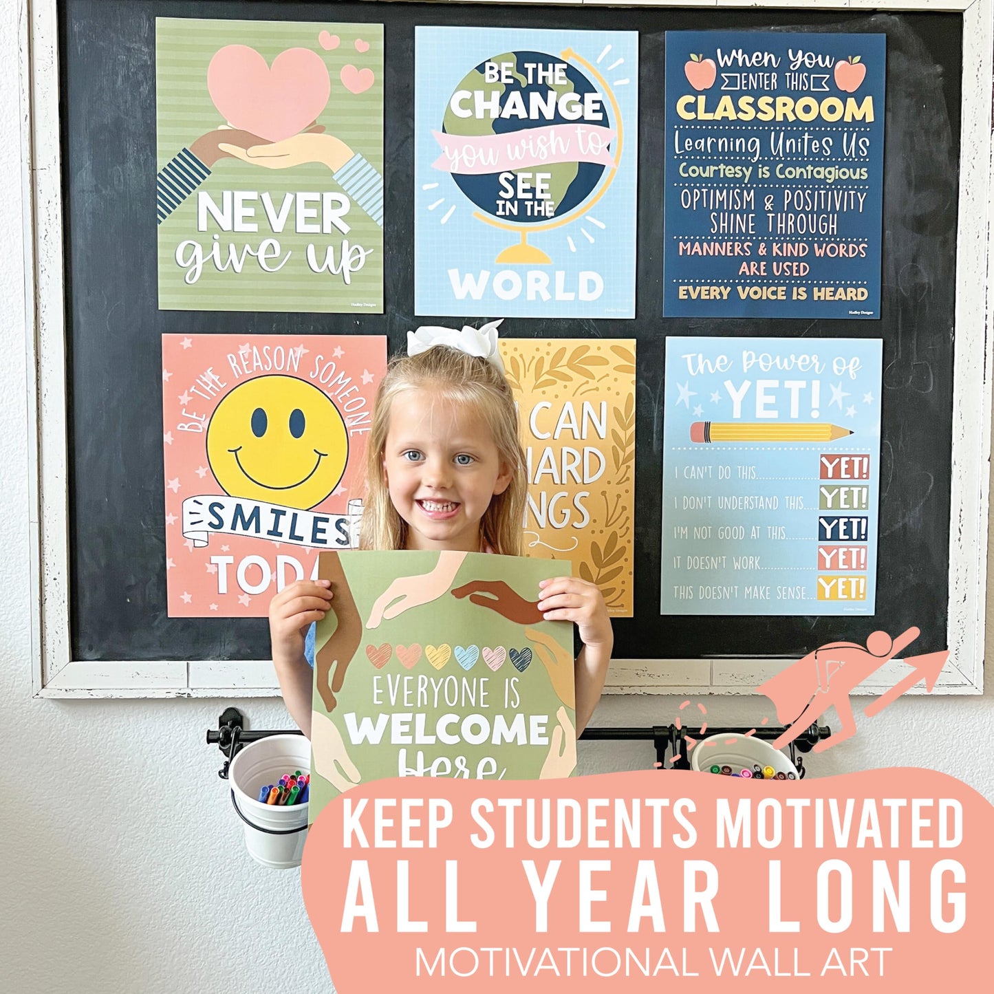Hadley Designs Motivational Poster for Classroom Decor - 9 Growth Mindset Classroom Posters Elementary, Inspirational Wall Decor Middle School, Teacher Must Haves, Retro Bulletin Board Decorations