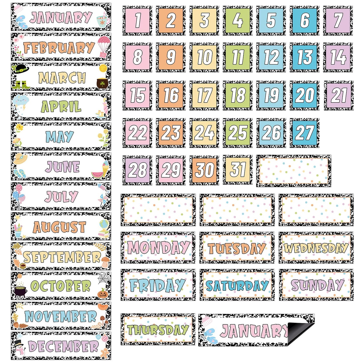 Ireer 54 Pcs Composition Calendar Magnets for Classroom Pastel Magnetic Fridge Calendar Months Days of The Week Number Magnets Date Indicators for Home Classroom Whiteboard Refrigerator Supplies