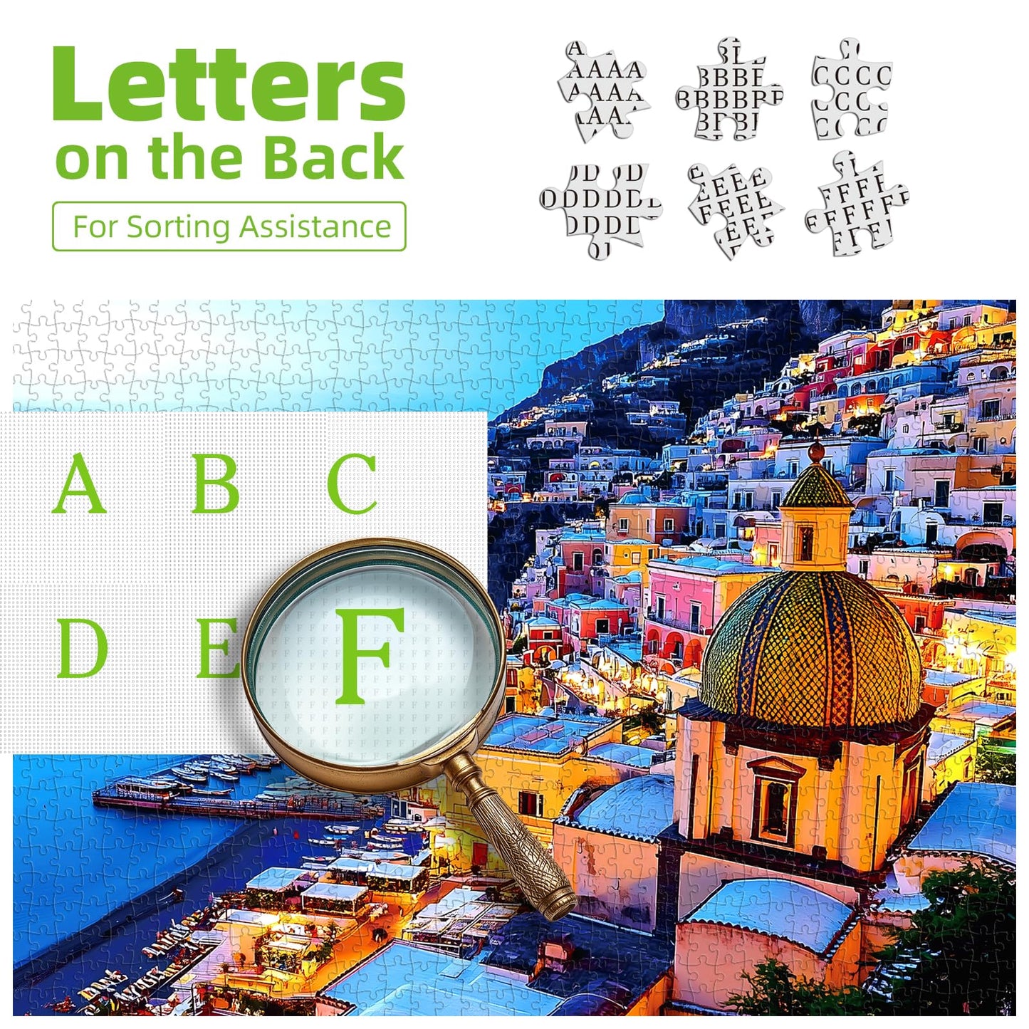 MINIWAN 500 Piece Jigsaw Puzzles for Adults & Seniors - Positano Italy Coast Landscape Puzzle, 23"x15" Adult Puzzle with Letters on Back, Unique Shaped Pieces, Home Decor & Gift