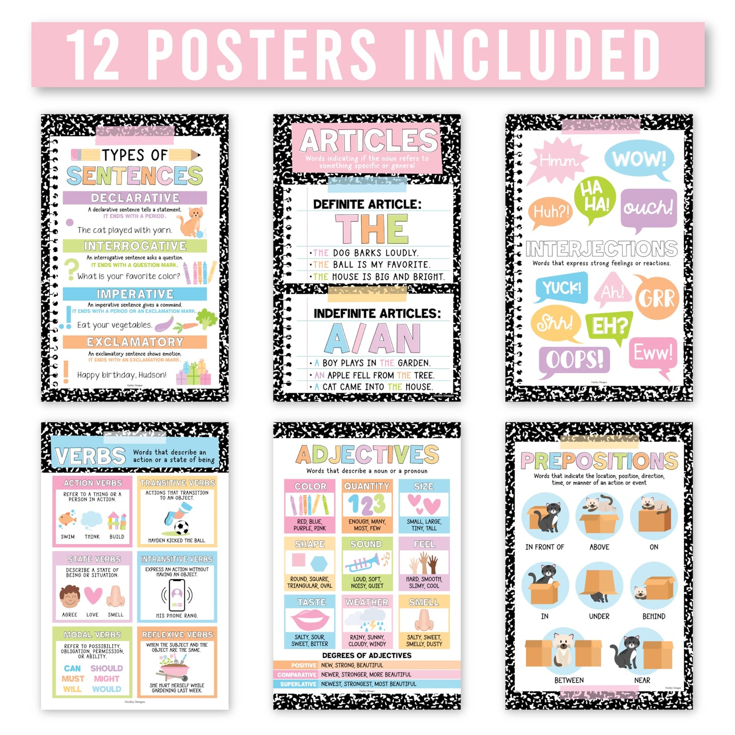 Parts of Speech Posters for Classroom Must Haves - 12 Grammar Posters, Writing Process for Homeschool, Elementary & Middle School, ELA 3rd 4th & 5th Grade Teacher Must Haves, Pastel Classroom Decor