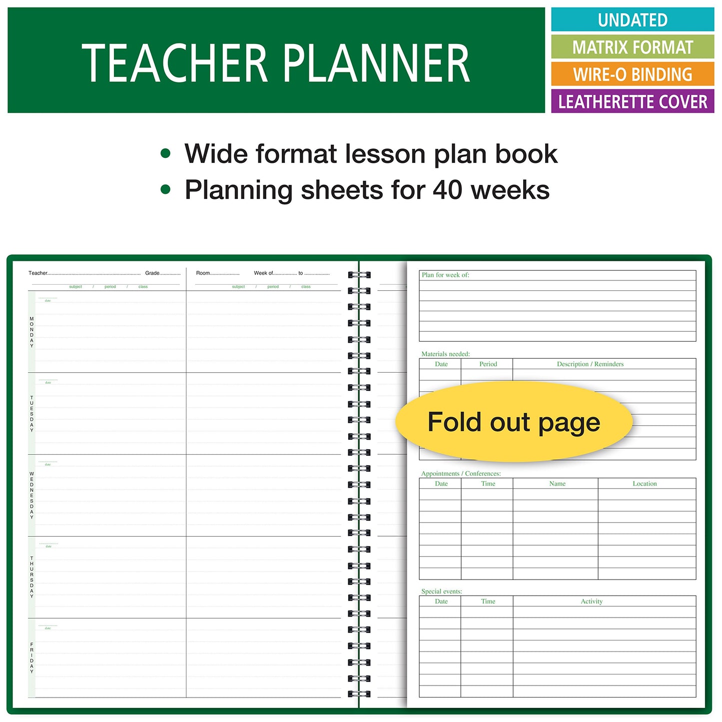 6 Period Wide Teacher Lesson Plan; Days Vertically Down The Side (6WPL)