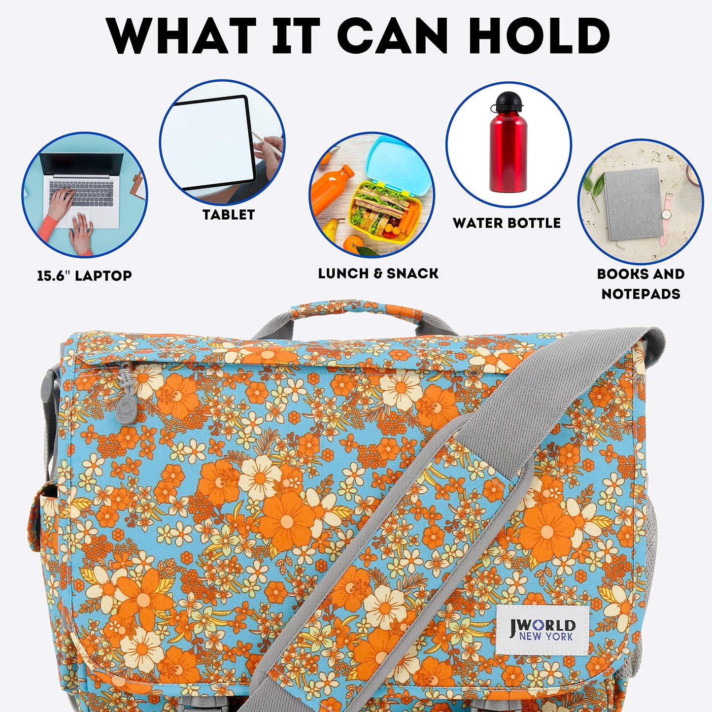 J World New York Thomas Laptop Messenger Bag for Women & Men. Girls Computer Bookbag, Retro Bloom