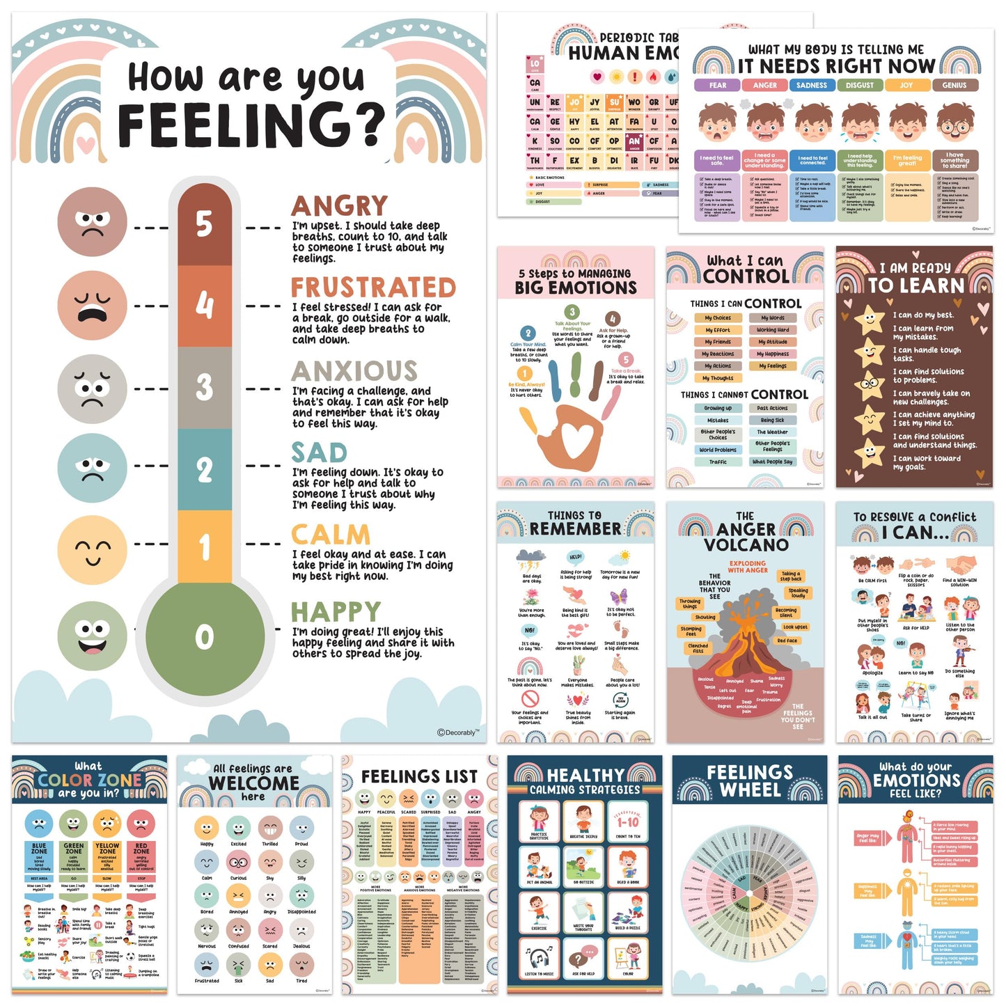 Decorably 15 Social Emotions Poster for Classroom, 11x17in Educational, Matte-Laminated Chart for Kids - School Hallways, Bulletin Boards, Home Study Room