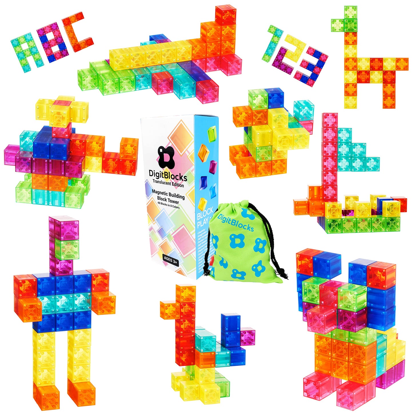 BrainSpark 48PCS Translucent Mulit-Color DigitBlocks Magnetic Building Blocks, Montessori Clear Magnet Cubes for Boys Girls Stacking Block Sets Ages 3-9