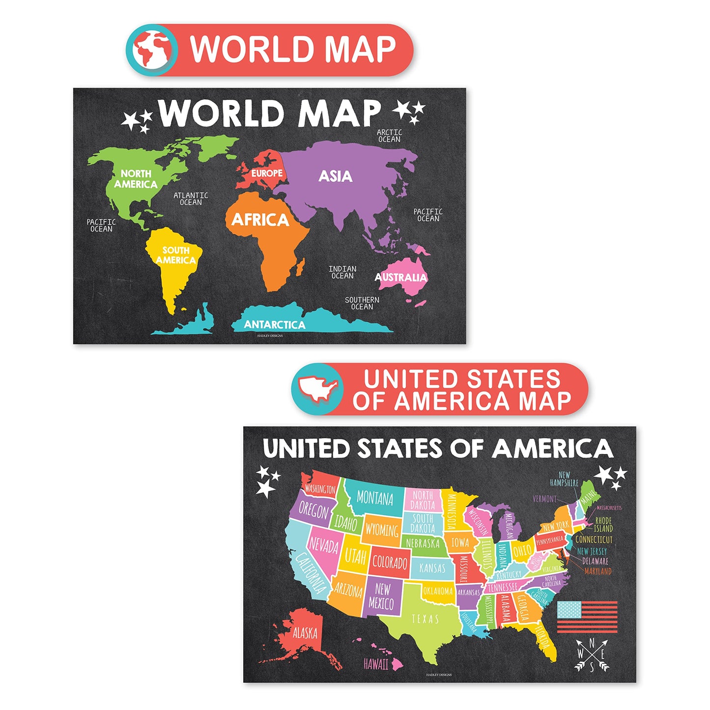 Hadley Designs 4 Alphabet, Map of United States, World Map, & Solar System Posters - Laminated ABC Charts for Toddlers Wall Decor, Chalk Posters for Kindergarten, Prek Classroom or Homeschool 11x17