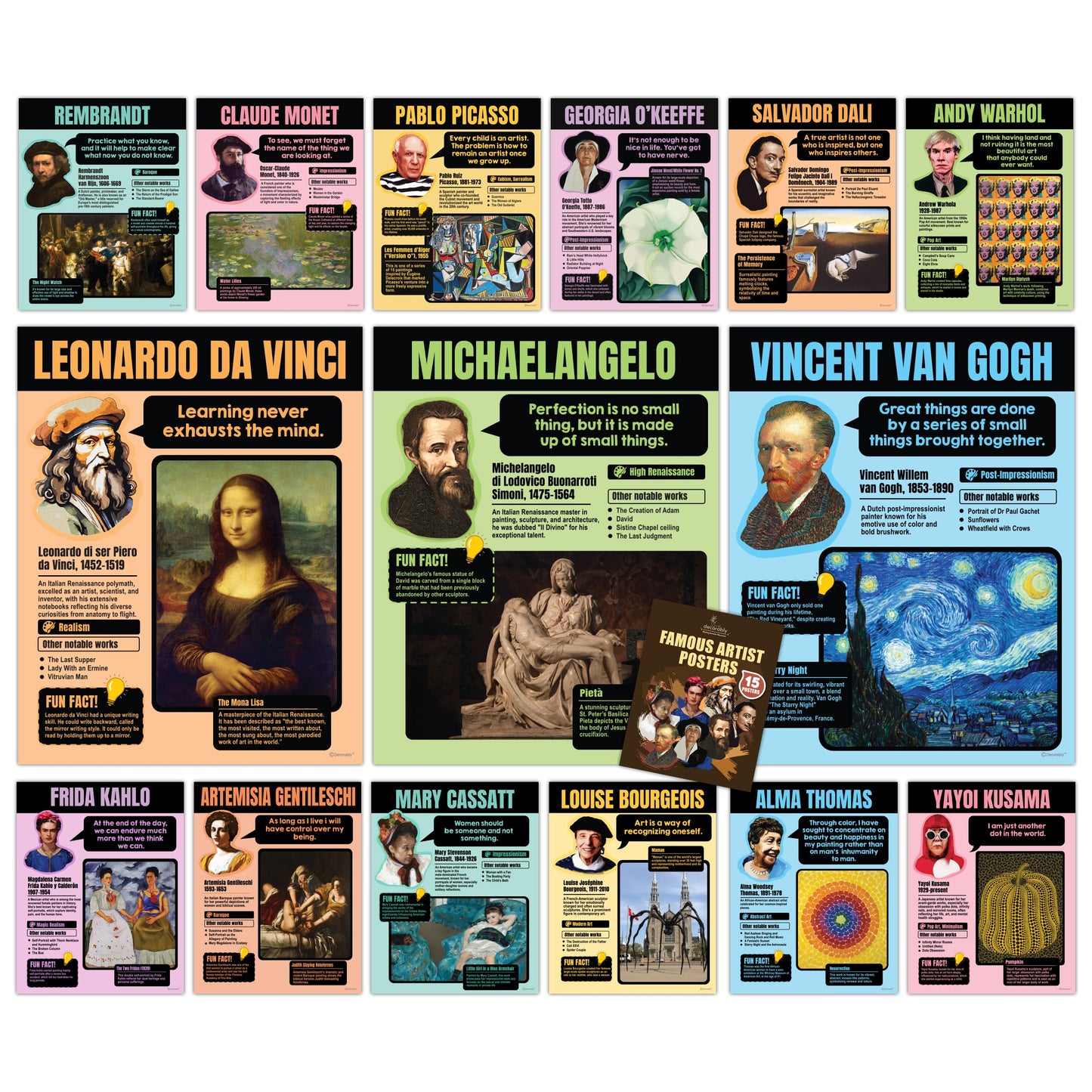 Decorably 15 Famous Art Posters, 11x14in Matte-Laminated Educational Art Posters for Classroom Famous Artists - Classrooms, School Hallways, Bulletin Boards, Education Centers, Home Study Room