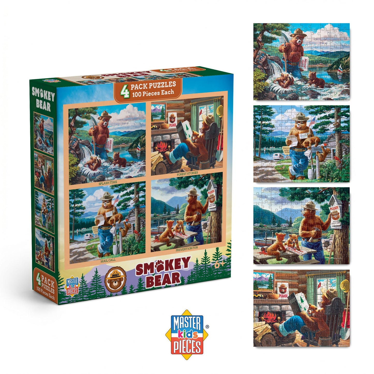 MasterPieces Puzzle Set - 4-Pack 100 Piece Jigsaw Puzzle for Kids - Smokey Bear 4-Pack - 8"x10"