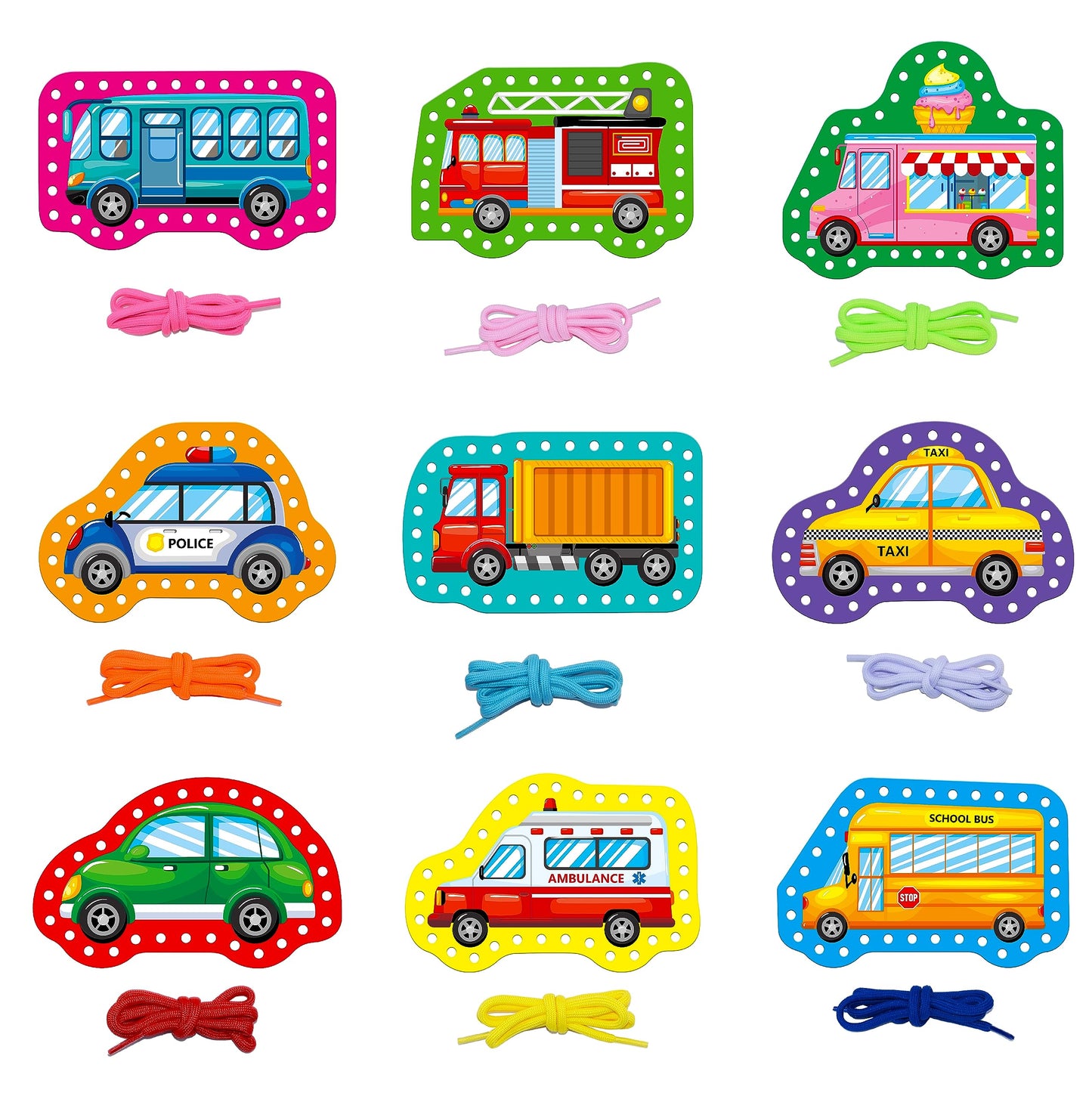 SpriteGru 9 Pieces Kids Lacing Cards, Double Sided Sewing Cards in 9 Vehicle Cards with 9 Colorful Laces, Imagination Development Lacing Toys Games for Children Educational and Learning Activity
