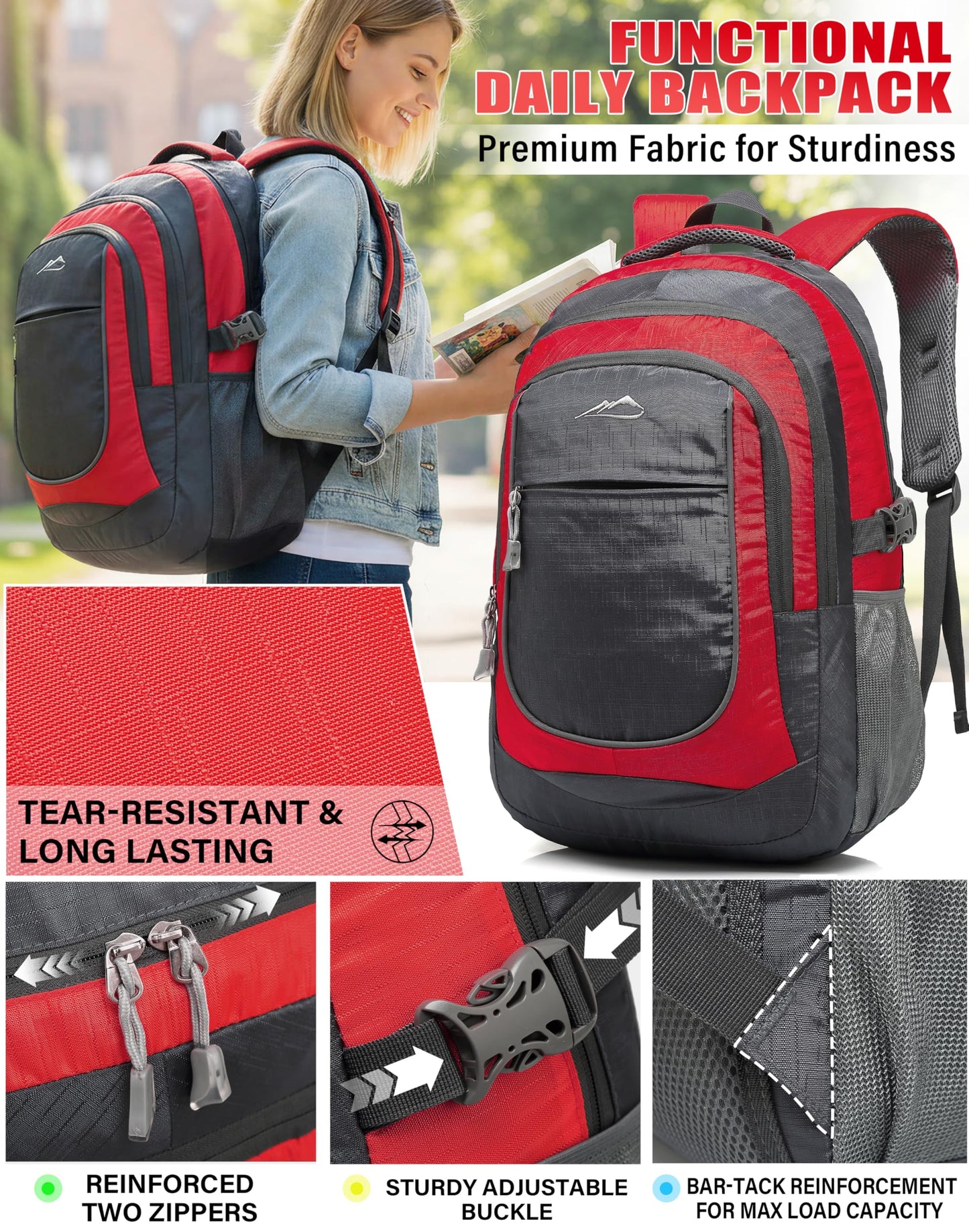 ProEtrade Backpack Bookbag for College Sturdy Travel Business Hiking Fit Laptop Up to 15.6 Inch Multi Compartment Gifts for Men Women Night Light Reflective (red)