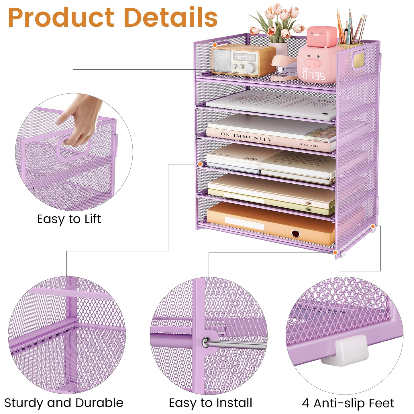 Subekyu 6-Tier Desk Paper Organizer, Desktop File Letter Tray with Handle, Document Sorter and Accessories Holder for Office, Home and School Workspace Organizers, Purple-2 Pack