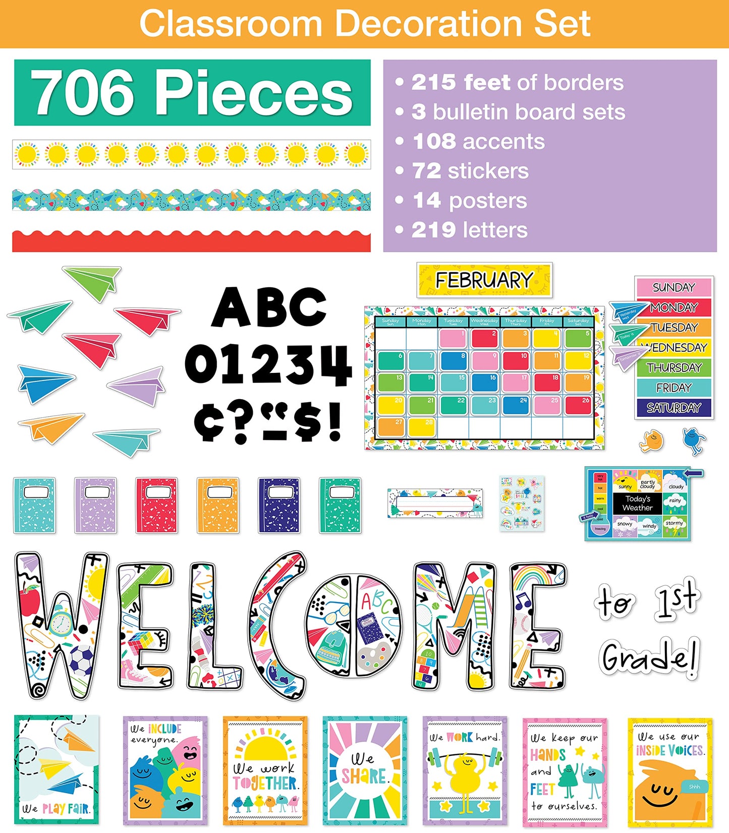 Carson Dellosa Happy Place 706PC Teacher Supplies, Calendar, Welcome Banner, Borders, Posters, Stickers, Name Labels for Kids and More Back to School Decorations for Bulletin Board and Classroom Decor