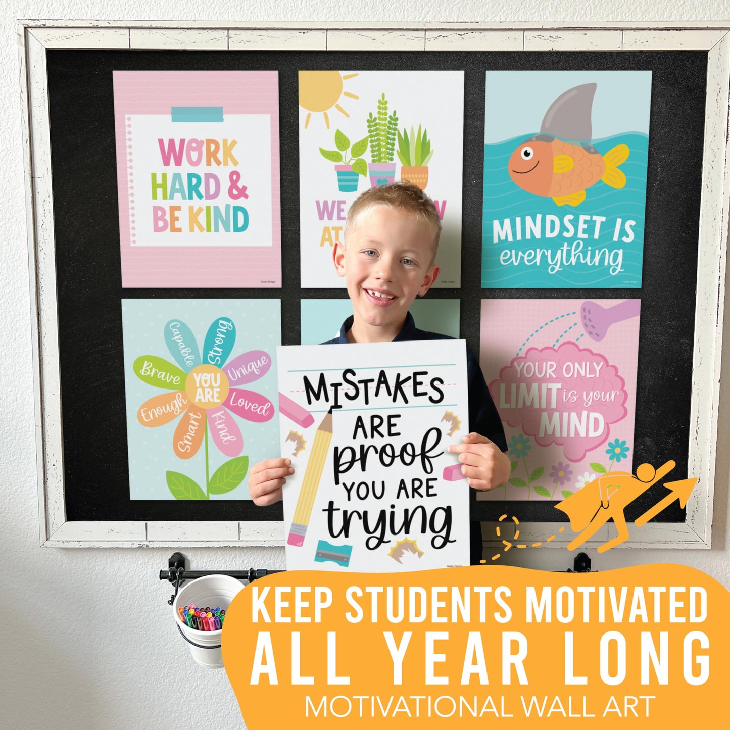 Hadley Designs Motivational Poster for Classroom Decor - 9 Growth Mindset Classroom Posters Elementary, Inspirational Wall Decor Middle School, Teacher Must Haves, Pastel Bulletin Board Decorations