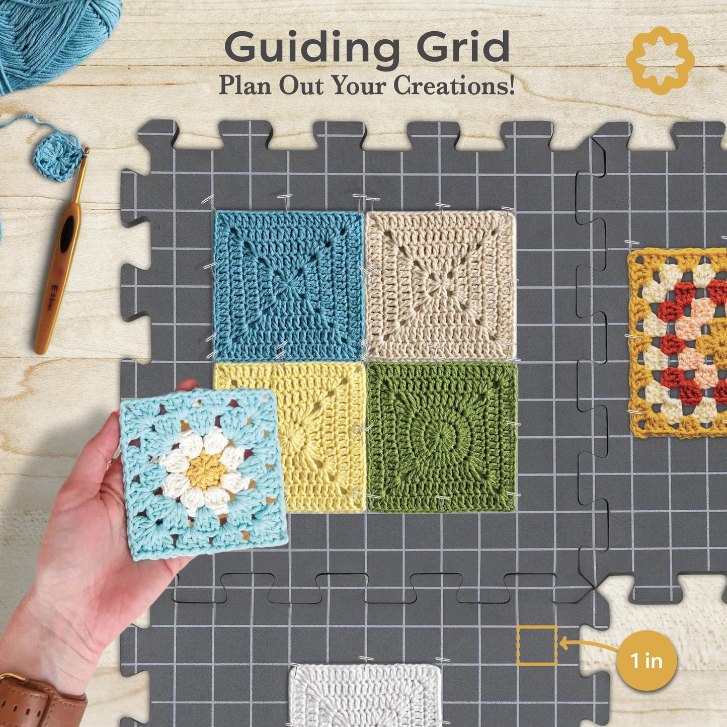 Unordinary Granny Crochet Blocking Board Set – 9 Extra Thick Interlocking Mats with Grid, 150 T-Pins, Felt Storage Bag and Cotton Pouch – Blocking Board for Knitting, Crochet & Other Craft Projects