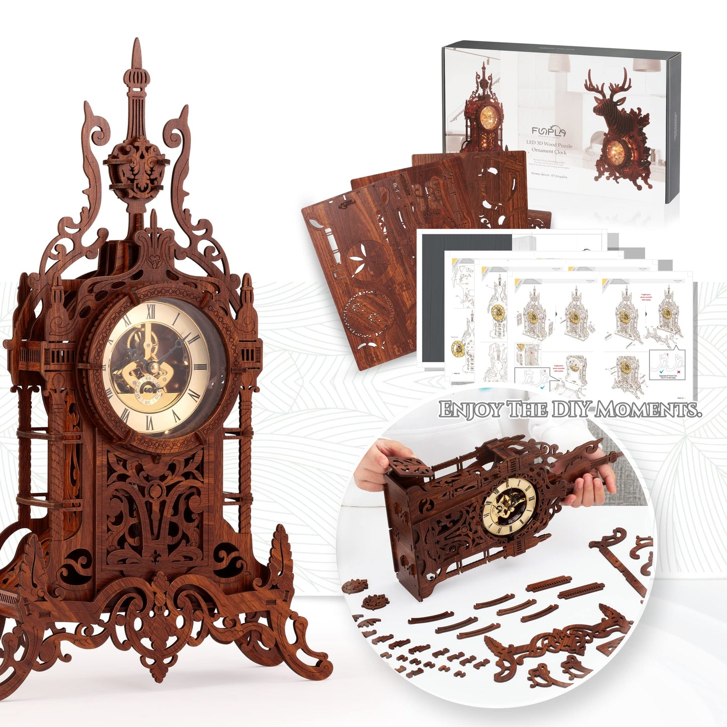 FUNPOLA LED 3D Wood Puzzle Clock Tower, 3D Puzzle Building Model, 3D Home Décor Puzzle DIY 3D Clock Kit for Adults (LED-WTC02)