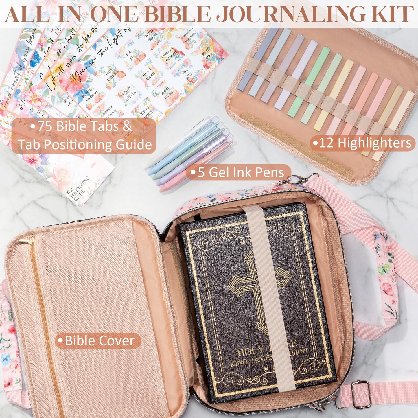 Bible Cover Case for Women, Large Bible Bag w/Shoulder Strap, Bible Study Supplies Journaling Kit Book Carrying Case with Accessories Pastel Highlighters 75 Tabs, Christian Gifts for Women Mom Friends
