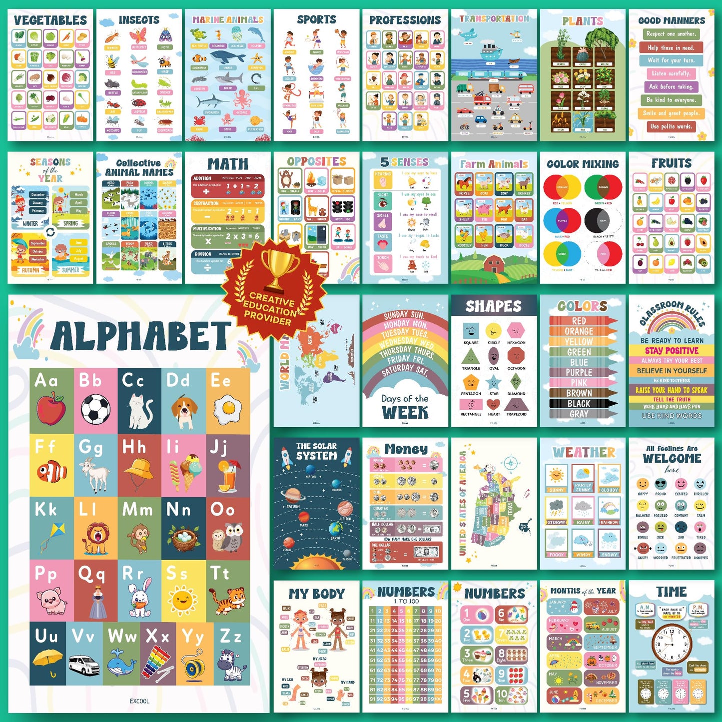 EXCOOL CLUB 32 Boho Educational Posters For Toddlers 1-3, Toddler Learning Posters For Kids Ages 3-5, Kindergarten Classroom Must Haves, Laminated Abc Number Chart Prek Classroom Decor Preschool