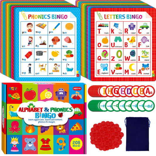 Alphabet & Phonics Bingo Game, 12 Bingo Boards ABC Letters, CVC Blends Words Phonetic Game, Letters Phonetic Awareness Early Educational Learning Toys - Ages 4 and up, Perfect for Classroom & At Home