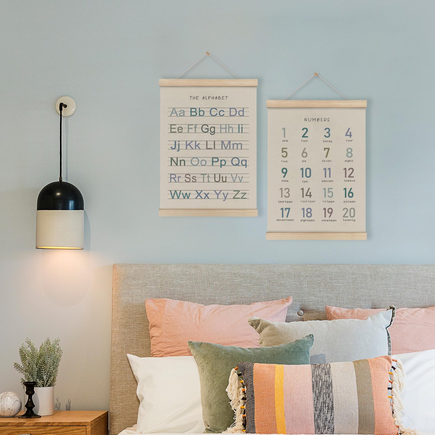HRQKO Alphabet Numbers Poster Hanger Frame Set of 2, Nursery Wall Decor, Boho ABC Poster Wall Art with Wooden Frames, Alphabet Banner Wall Hanging Decor for Boy Toddler Room Playroom, 12x16 Inch