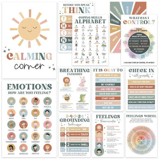 Boho 12 Calming Corner Classroom Posters (10x14) - Feelings Wheel Chart & Emotions Poster For Kids, Calm Down Corner Supplies For Therapy Office Decor, Mental Health Wall Decorations For Preschool