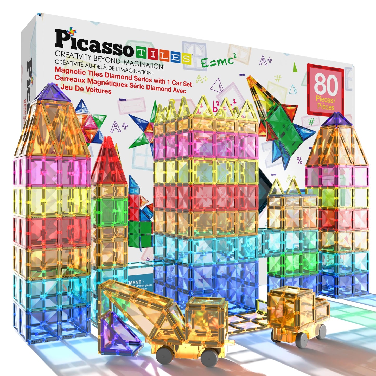 PicassoTiles 80 Pcs Magnetic Building Tiles Magnet Building Block Toys W/Car Diamond Educational Construction Playset Toy for STEM Sensory Gifts Kid Brain Development Stacking Blocks Construction Set