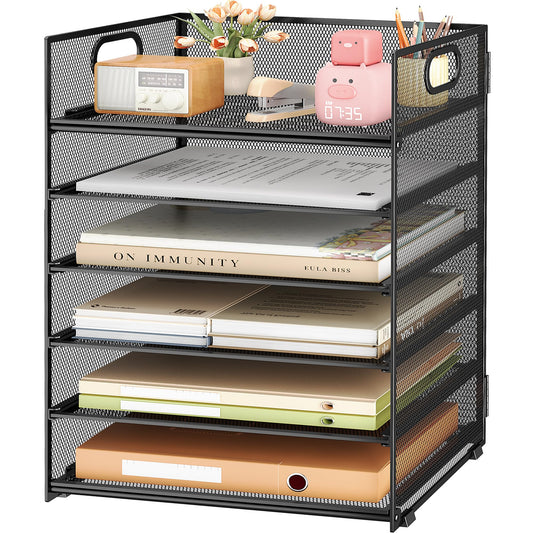 Subekyu 6 Tier Paper File Tray Organizer for Desk, Black Mesh Desk Letter Paper File Folder Accessories Sorter Organizer with Handle, Stackable Slide Tray for Office, Home or School Supplies Storage